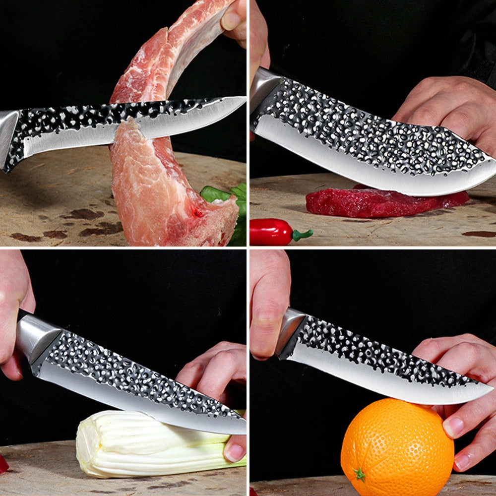 MDHAND 4-Piece Black Hammered Butcher Knife Set, Stainless Steel Blades with Sheaths