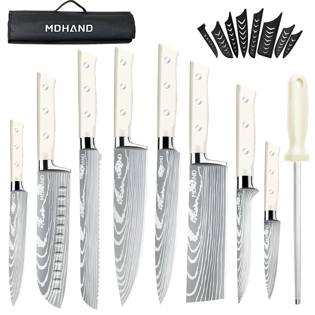MDHAND 9-Piece Chef Knife Set, Sharpening Rod & Nylon Knife Bag, ABS Straight Handle, Beige