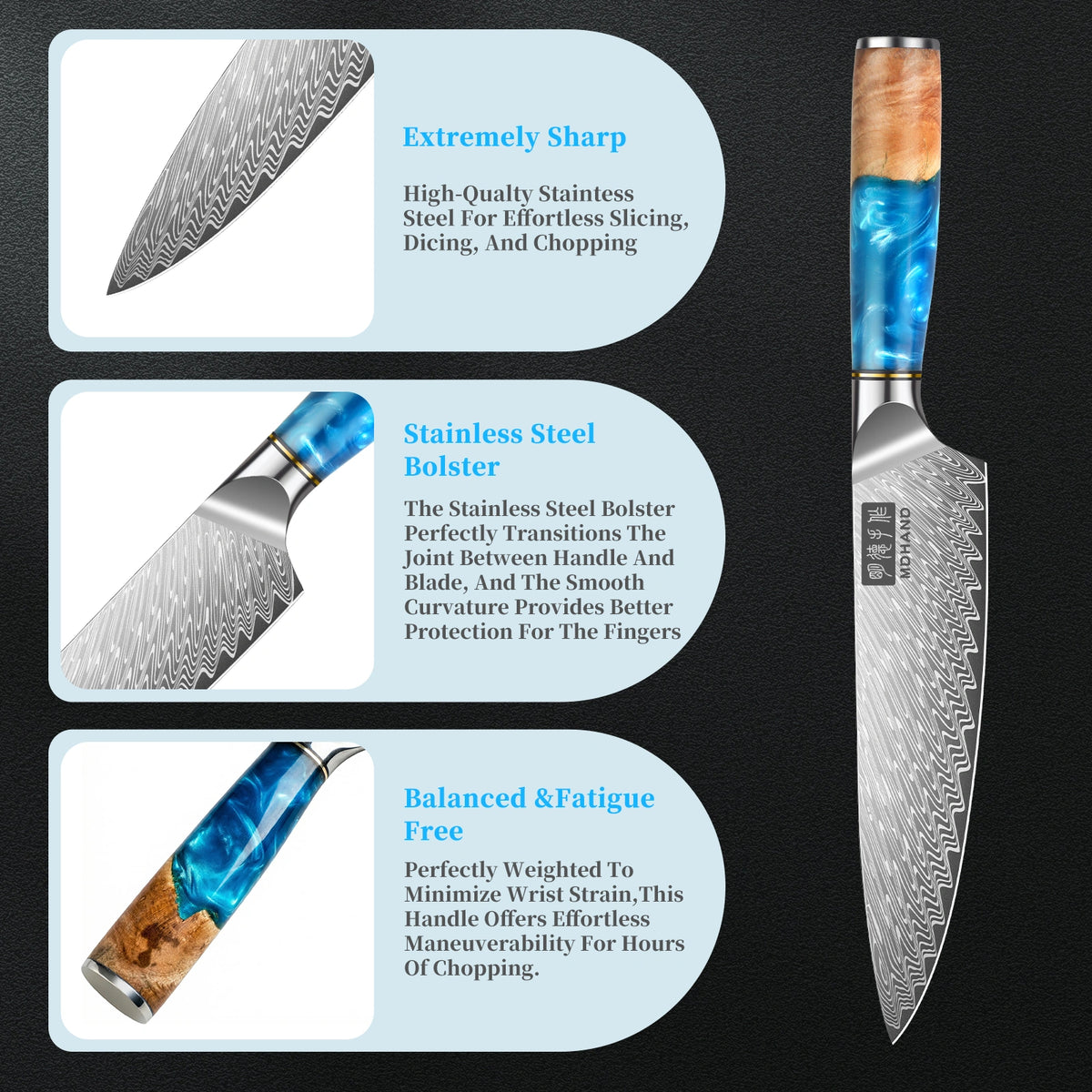 MDHAND 3PCS Kitchen Knife Set, 62 HRC 10Cr15CoMoV Steel, Resin & Wood Handle, Gift Box