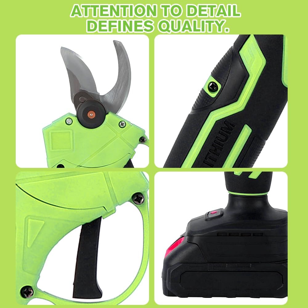 MDHAND electric pruning shears with green body, cordless design, 1.4-inch cut capacity, brushless motor, and rechargeable batteries.