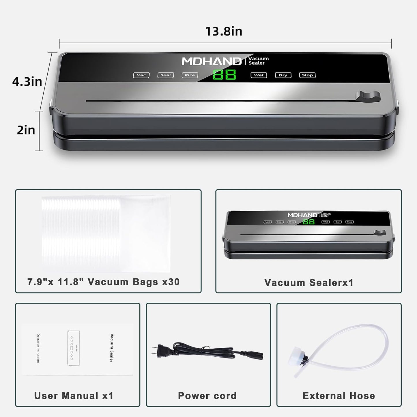MDHAND vacuum sealer machine with built-in cutter, 30 bags, and multi-functional modes for home kitchen food preservation.