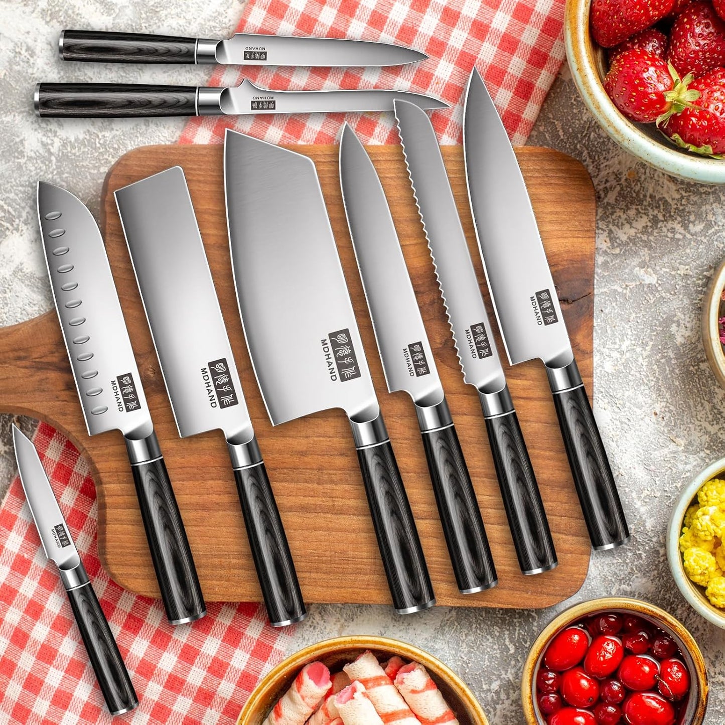 MDHAND chef knife set with 10 high carbon stainless steel Japanese kitchen knives, black pakkawood handles, in a roll bag.