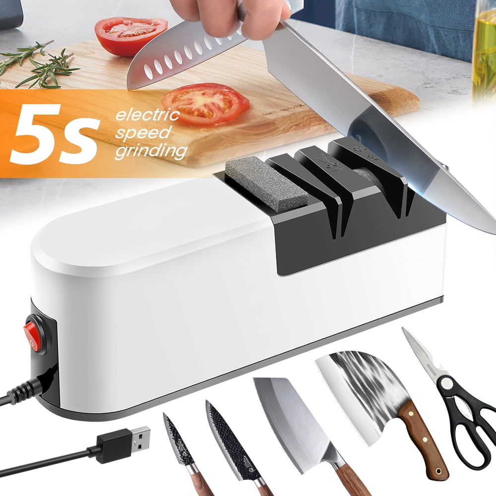 MDHAND electric 5-in-1 knife sharpener with non-slip base, shown with kitchen knives and scissors for precise sharpening.