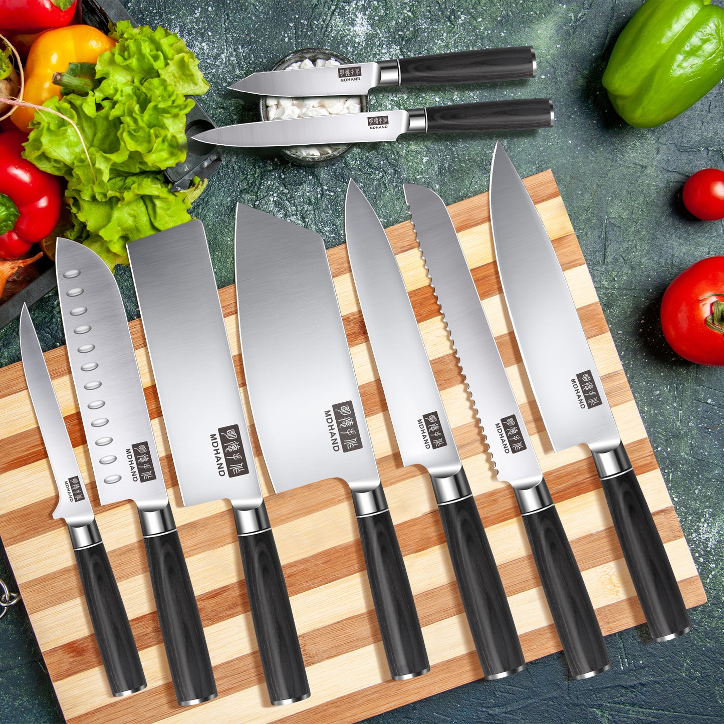 MDHAND 9-piece kitchen knife set with high-carbon stainless steel chef knives, ergonomic handles, ideal for meat, vegetables, and fruit.