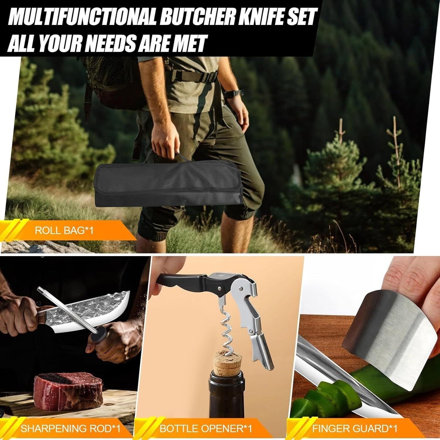 MDHAND 14PCS Butcher Knife Set, Hand Forged Chef Knife & Meat Cleaver Knife Set for Home, Outdoor Cooking, Camping