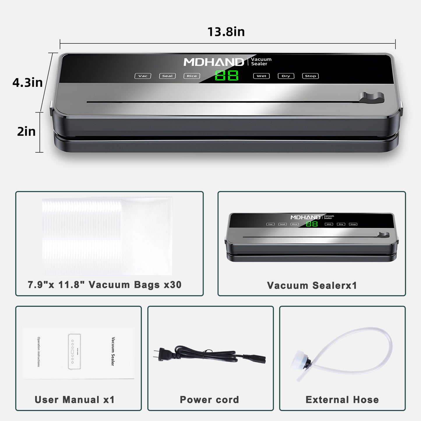 MDHAND vacuum sealer machine with built-in cutter, 6-in-1 food saver, 30 bags, automatic sealing, for dry and moist foods.