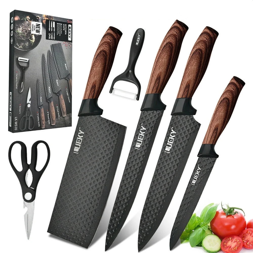 Six-piece MDHAND stainless steel chef knife set with sharp, rustproof kitchen knives for cooking and restaurant use.