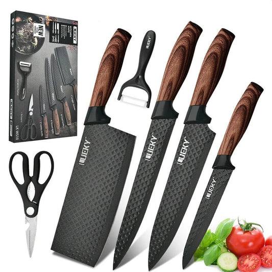 Six-piece MDHAND stainless steel chef knife set with sharp, rustproof kitchen knives for cooking and restaurant use.