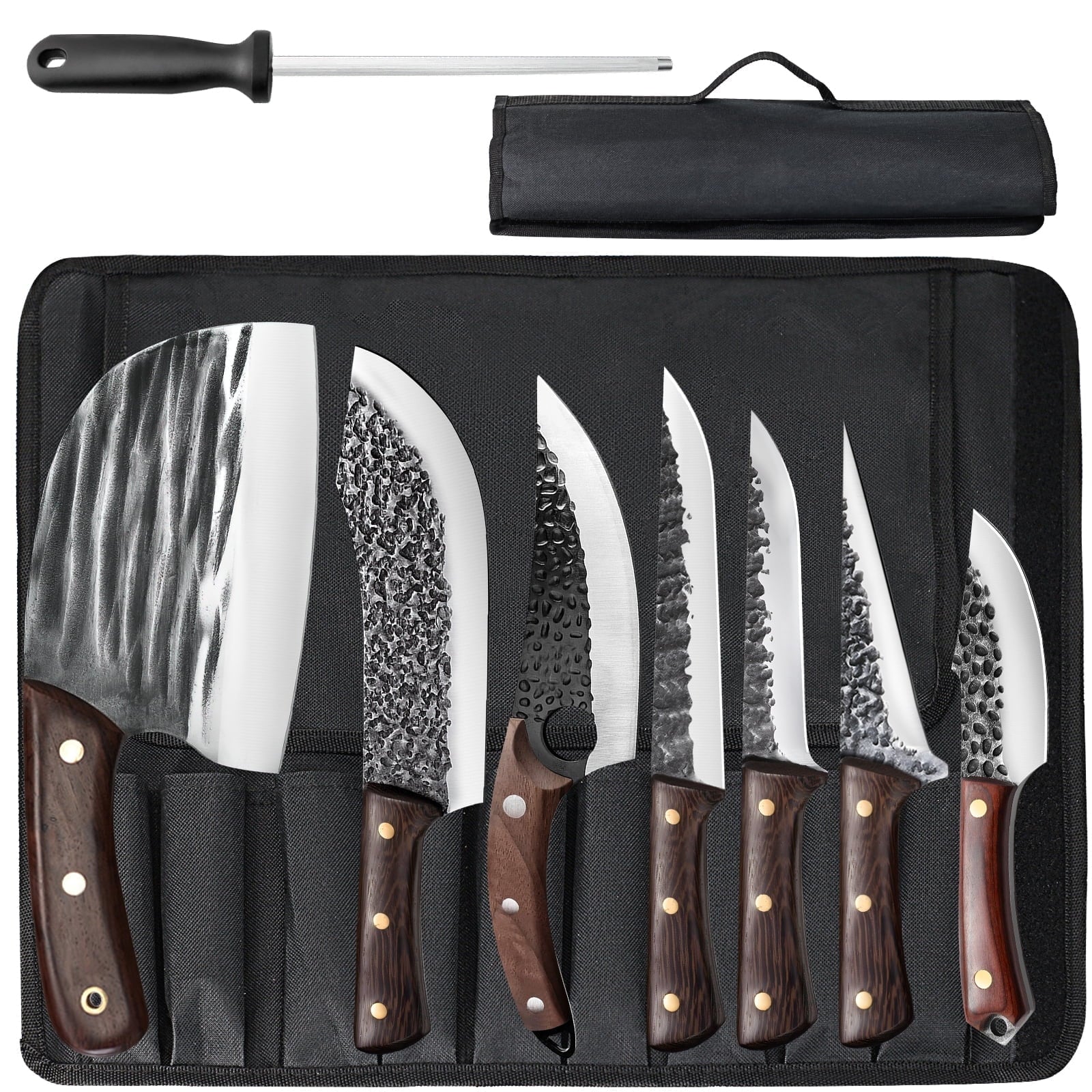 MDHAND ABLINK butcher knife set with 8 Japanese hand-forged Damascus steel knives for precise meat cutting.