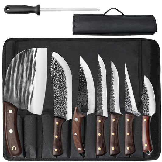 MDHAND ABLINK butcher knife set with 8 Japanese hand-forged Damascus steel knives for precise meat cutting.