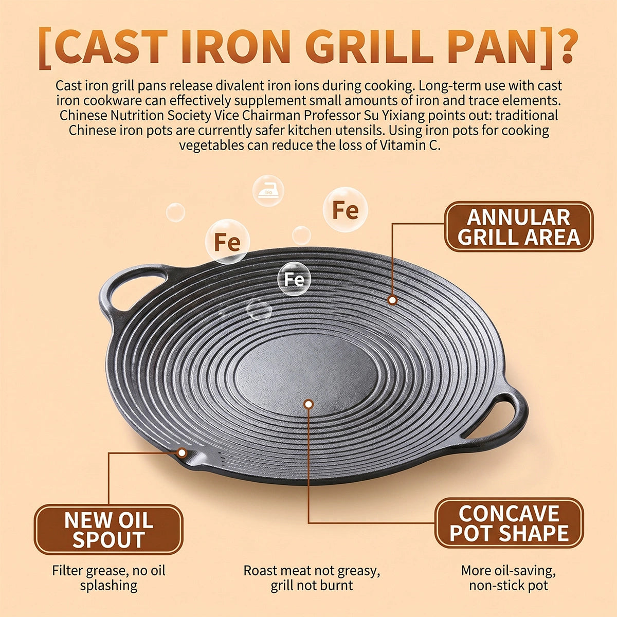 MDHAND 11.8in Round Cast Iron Grill Pan, Non-Stick Ridged Pan with Concave Design & Hemp Rope