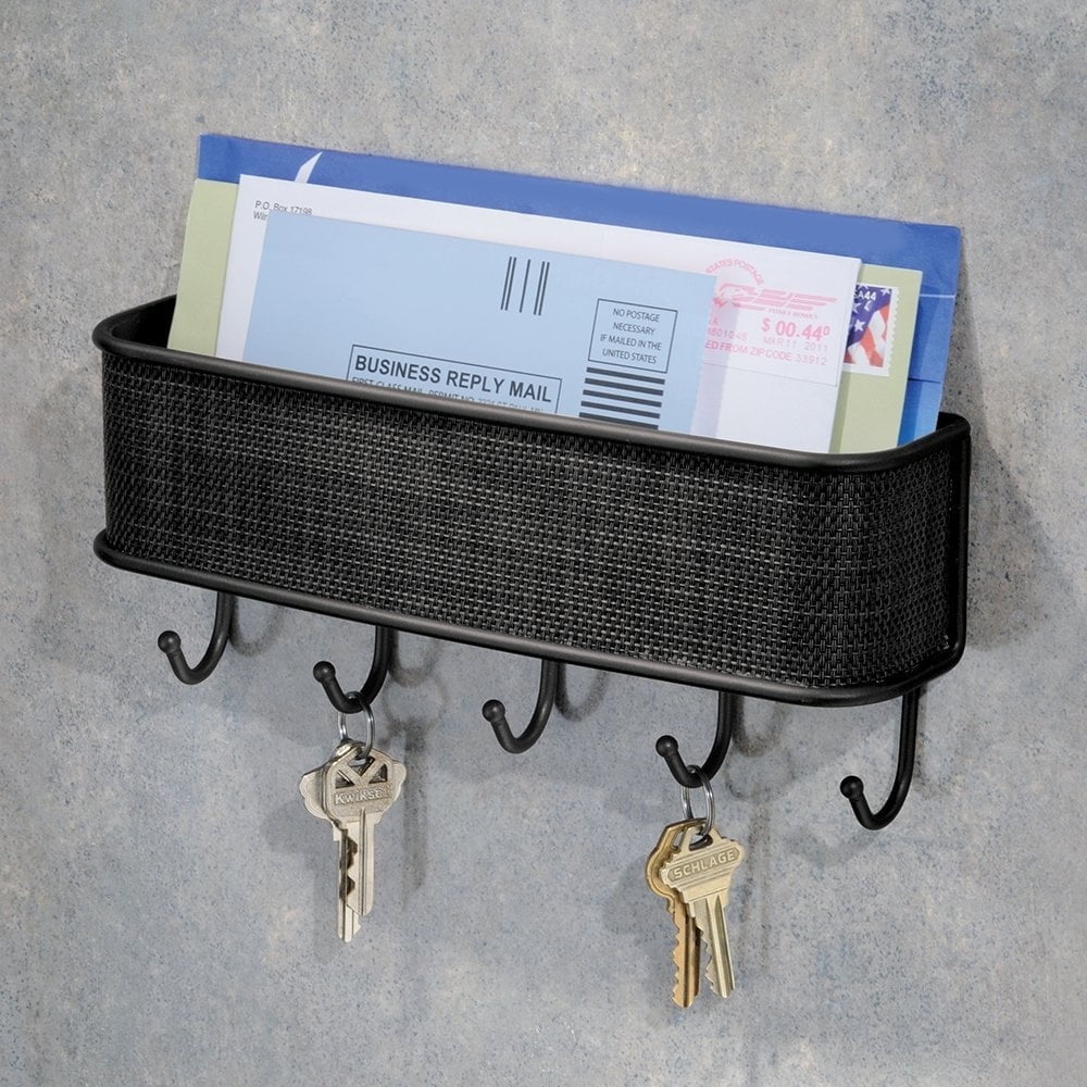 Black wall-mounted key holder and mail organizer with five hooks, rustic farmhouse style for entryway decor.