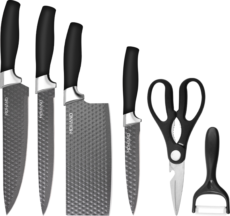 Six-piece MDHAND professional kitchen knife set with gift box, featuring sharp stainless steel chef and meat cutting knives.