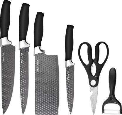 Six-piece MDHAND professional kitchen knife set with gift box, featuring sharp stainless steel chef and meat cutting knives.