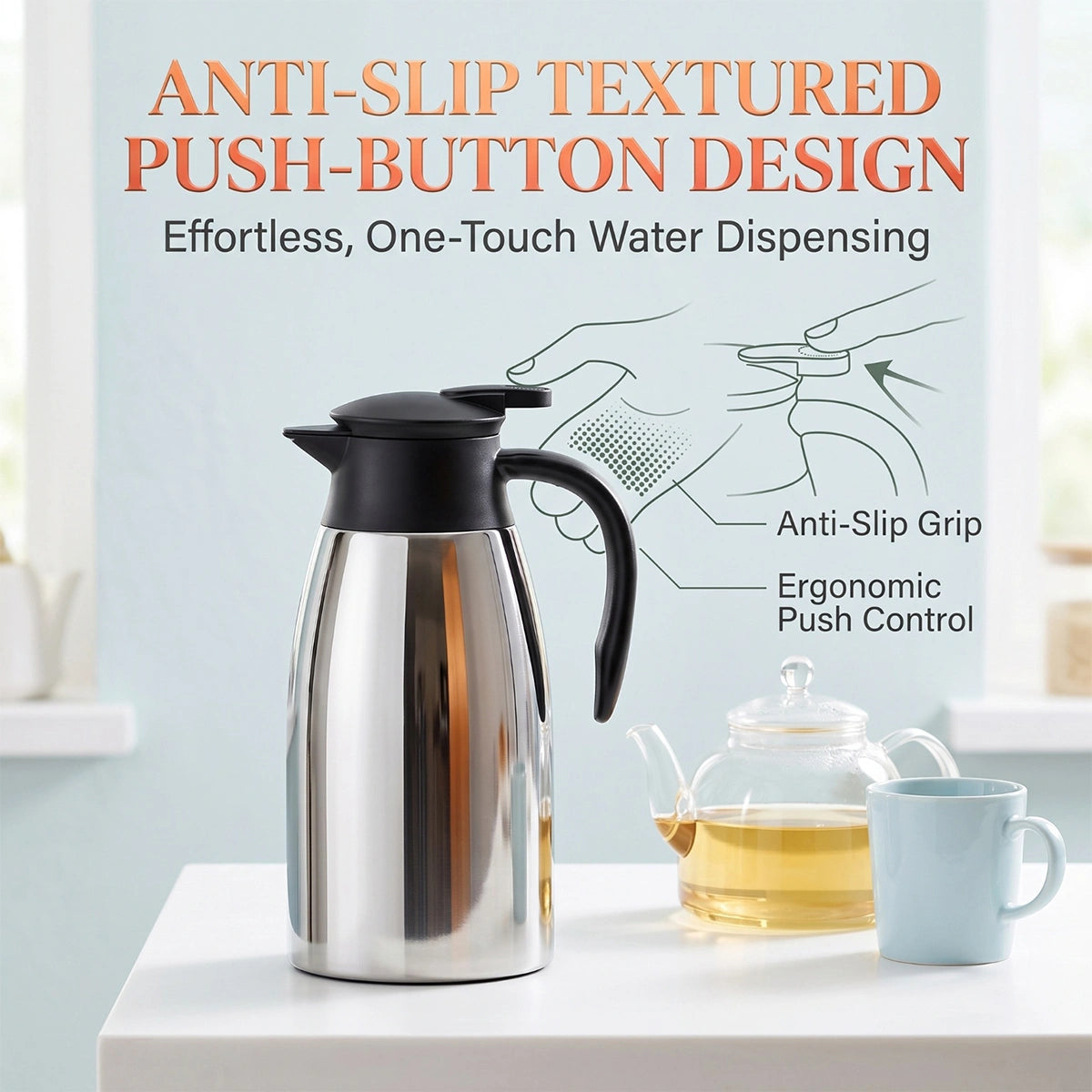MDHAND 2.0L Stainless Steel Thermal Carafe, 304 Steel Liner with Dust-Proof Spout