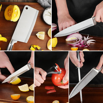 MDHAND 9-Piece Gradient Handle Knife Set, 5 Stainless Steel Knives with Block, Sharpening Rod, Scissors and Peeler