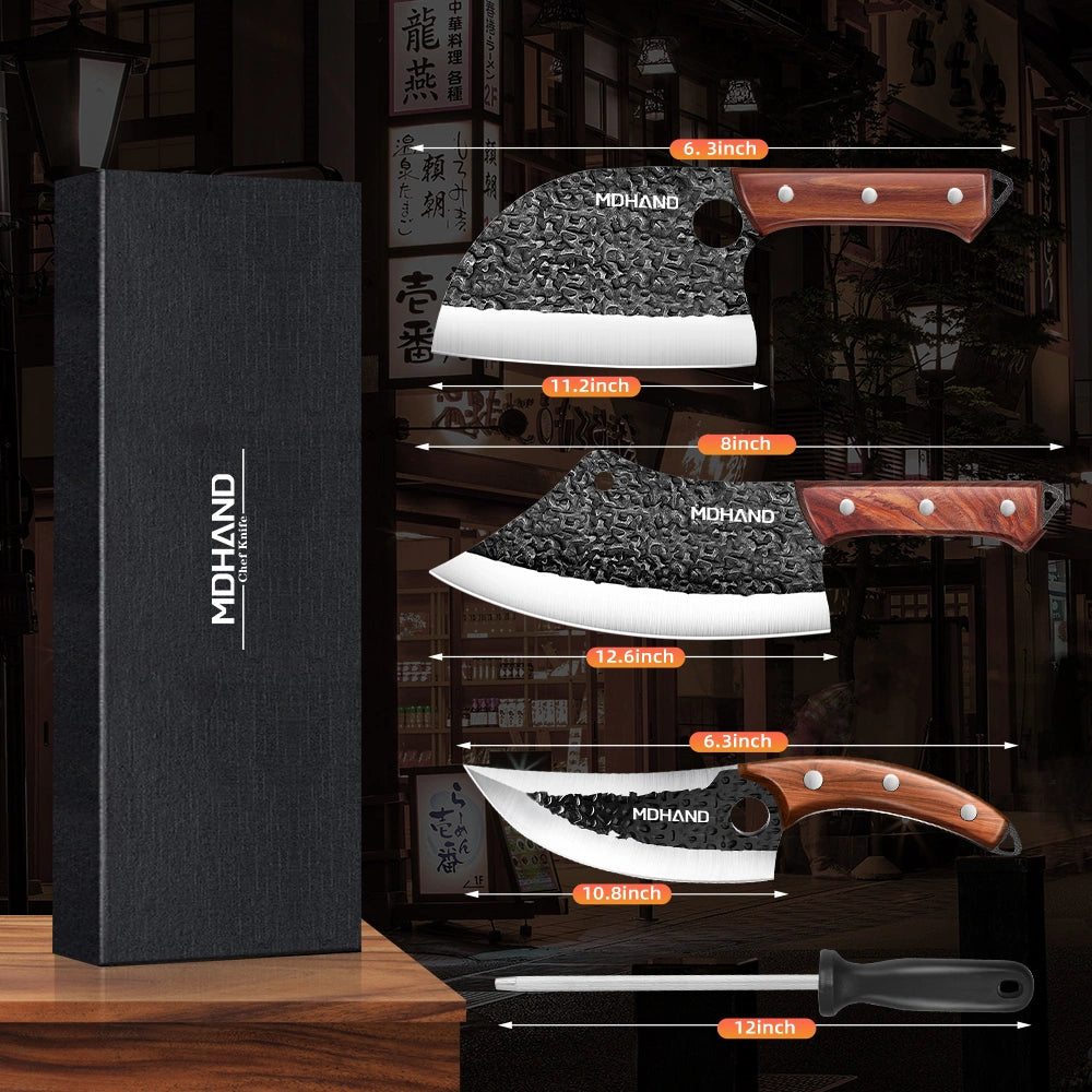 MDHAND Multifunctional Anti-Rust Forged Butcher Knife Set, with a knife sharpener