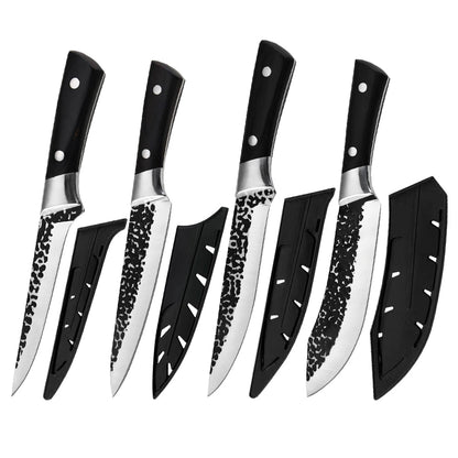MDHAND 4-Piece Black Hammered Butcher Knife Set, Stainless Steel Blades with Sheaths