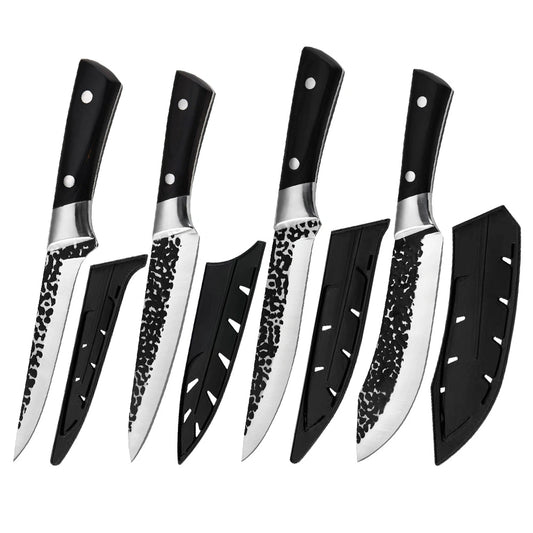 MDHAND 4-Piece Black Hammered Butcher Knife Set, Stainless Steel Blades with Sheaths
