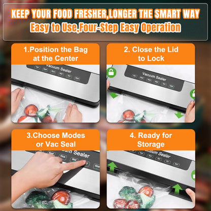 MDHAND Vacuum Sealer, 8 in 1 4 Food Modes, Wet and Dry, with Starter Kit, with 30 Vacuum Sealer Bags (Silver)