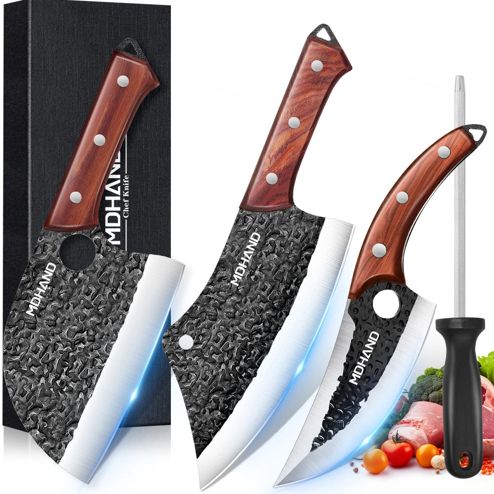 MDHAND Multifunctional Anti-Rust Forged Butcher Knife Set, with a knife sharpener