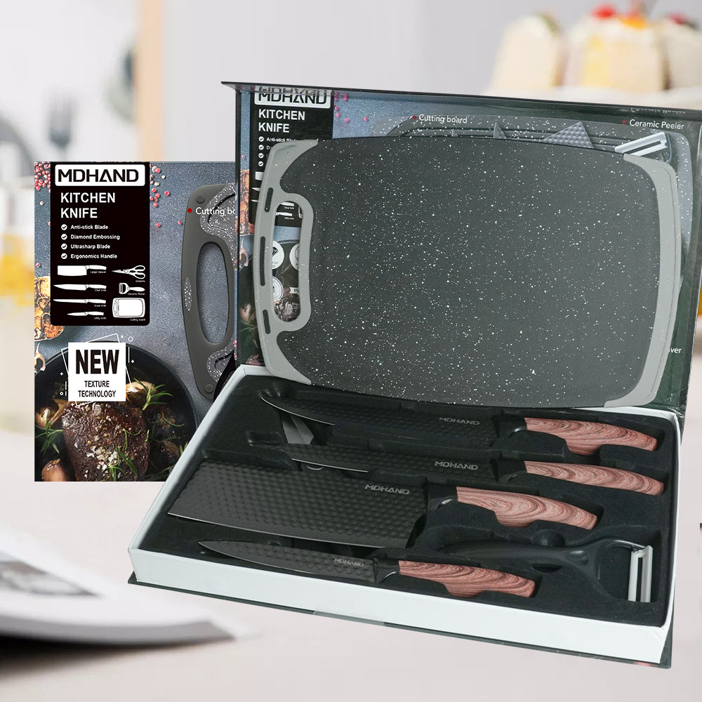 MDHAND 6-piece professional kitchen knife set with gift box, including sharp chef and meat knives, stainless steel, non-stick blades.