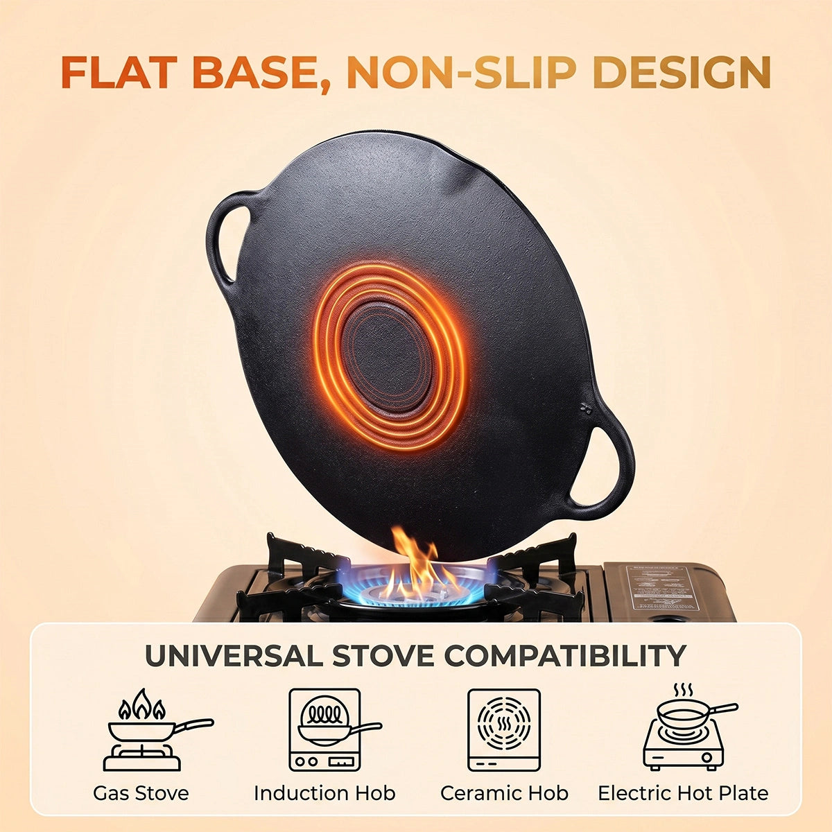 MDHAND 11.8in Round Cast Iron Grill Pan, Non-Stick Ridged Pan with Concave Design & Hemp Rope