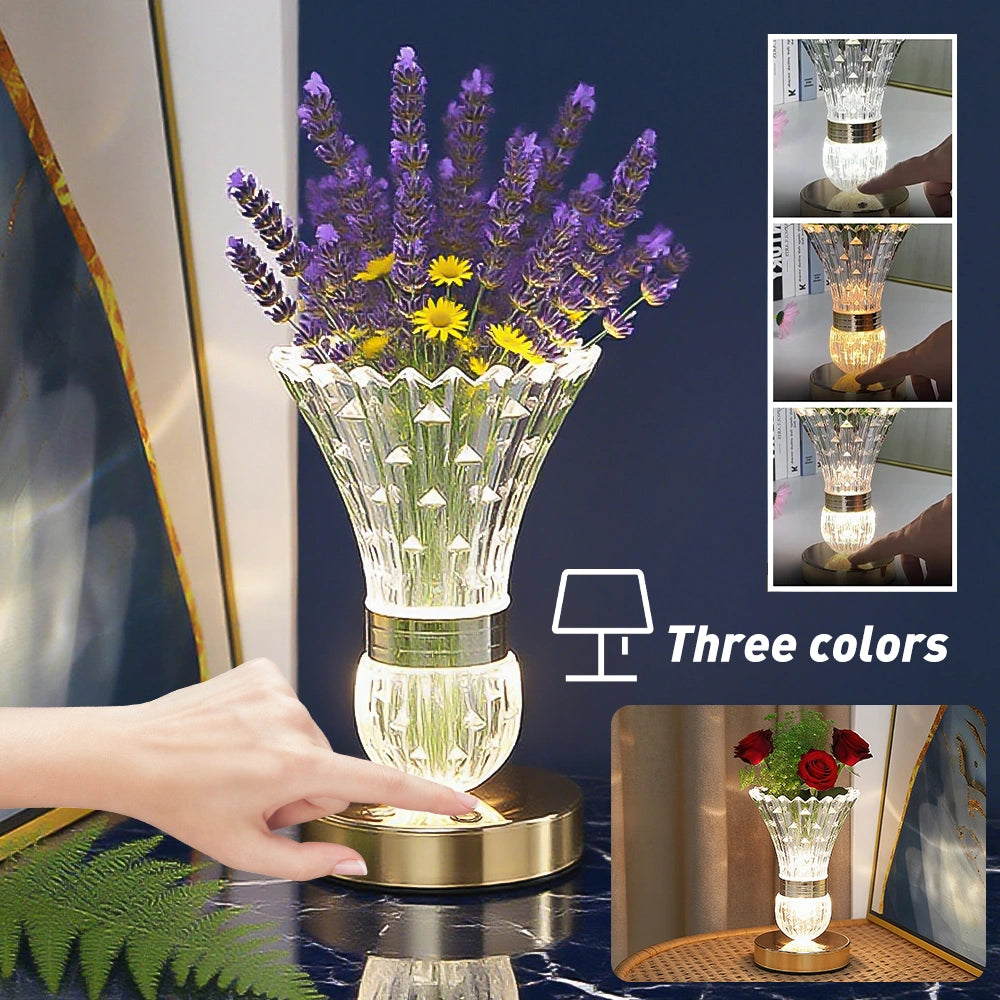 MDHAND Crystal Vase Table Lamp, Rechargeable Cordless Lamp with Touch Control