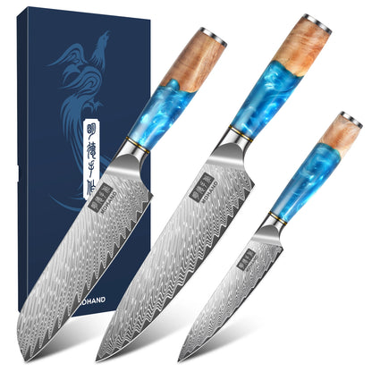 MDHAND 3PCS Kitchen Knife Set, 62 HRC 10Cr15CoMoV Steel, Resin & Wood Handle, Gift Box
