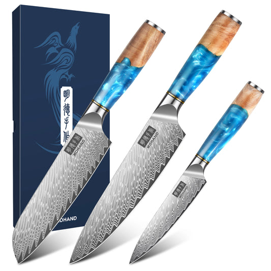MDHAND 3PCS Kitchen Knife Set, 62 HRC 10Cr15CoMoV Steel, Resin & Wood Handle, Gift Box
