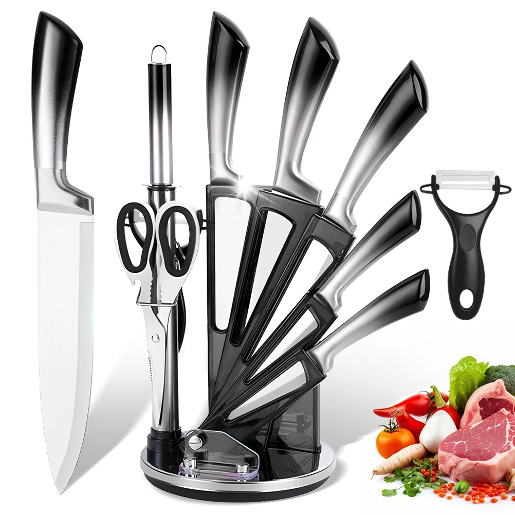MDHAND 9-Piece Gradient Handle Knife Set, 5 Stainless Steel Knives with Block, Sharpening Rod, Scissors and Peeler