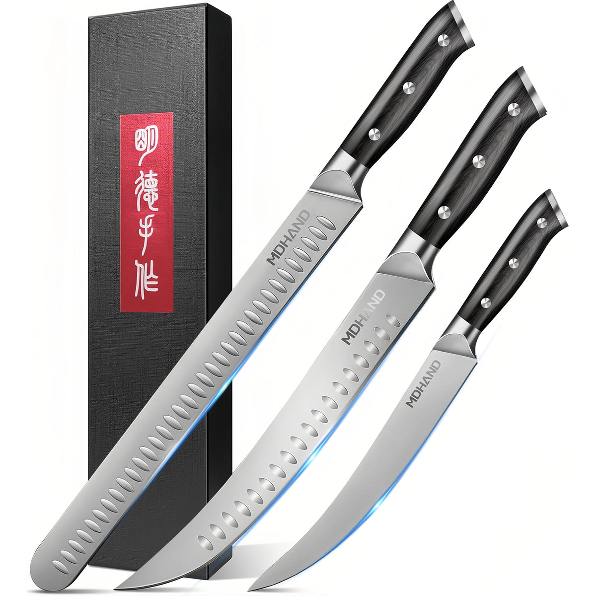 MDHAND 3-Piece Carving Knife Set, Brisket Slicer, Butcher & Boning Knife for BBQ