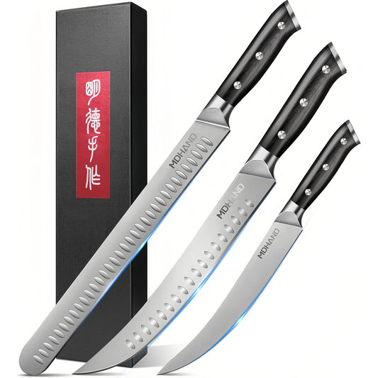 MDHAND 3-Piece Carving Knife Set, Brisket Slicer, Butcher & Boning Knife for BBQ