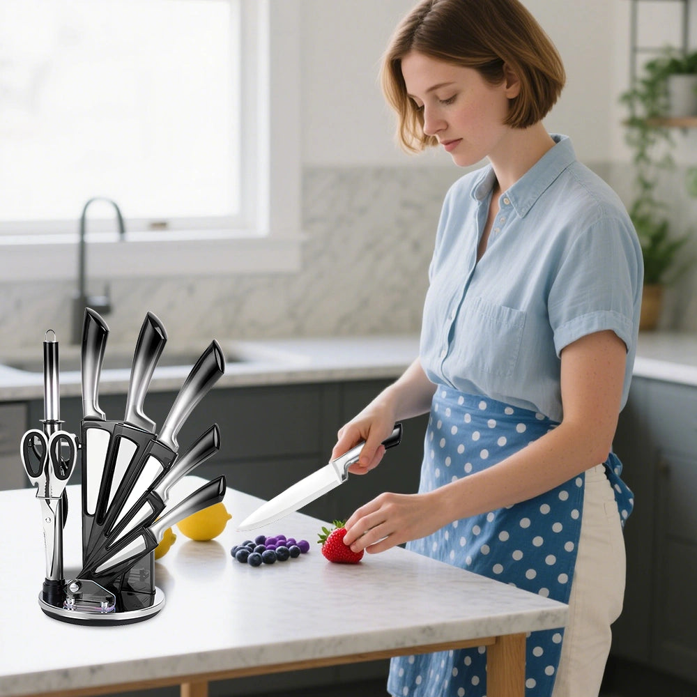 MDHAND 9-Piece Gradient Handle Knife Set, 5 Stainless Steel Knives with Block, Sharpening Rod, Scissors and Peeler