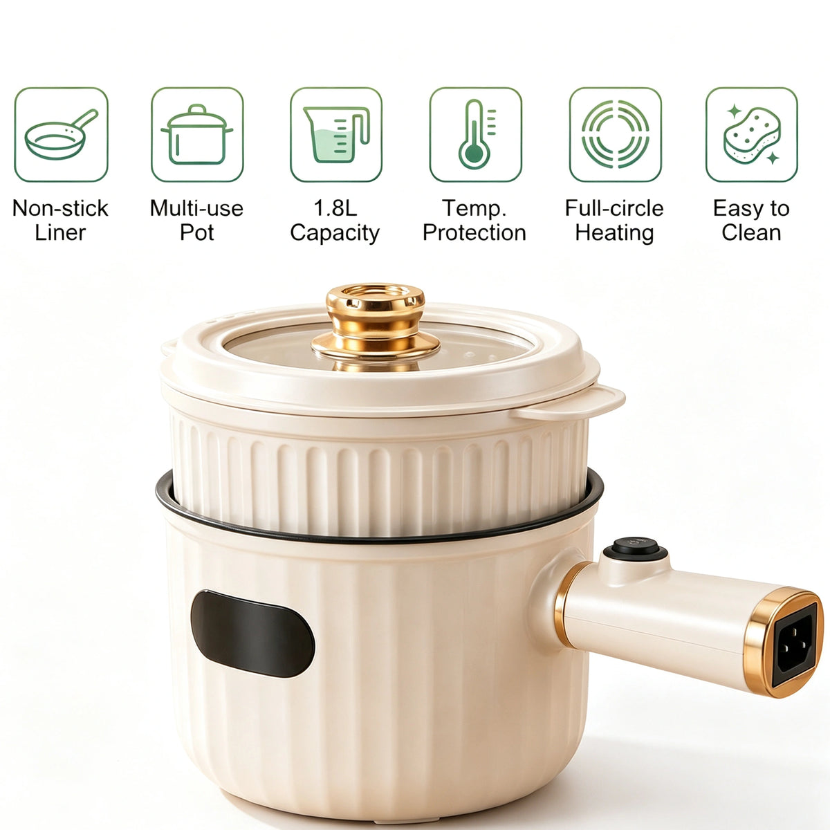 MDHAND 1.8L Electric Hot Pot with Steamer, Cream White Nonstick Cooking Pot