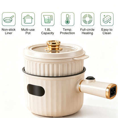 MDHAND 1.8L Electric Hot Pot with Steamer, Cream White Nonstick Cooking Pot