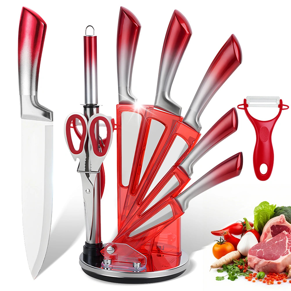 MDHAND 9-Piece Gradient Handle Knife Set, 5 Stainless Steel Knives with Block, Sharpening Rod, Scissors and Peeler