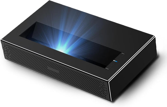 MDHAND ultra short throw laser projector displaying a bright 1080p full HD image on a wall in a cozy bedroom setting.