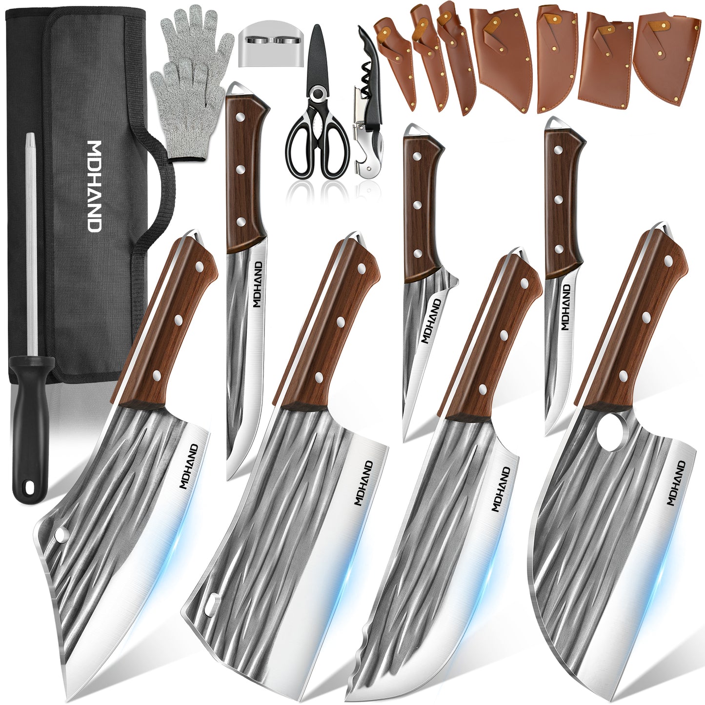 MDHAND 14pcs Kitchen Knives Set - Butcher Knife,Chef Knife, Boning Knife, Meat Cleaver - BBQ, Outdoor, Camping(Stripe)