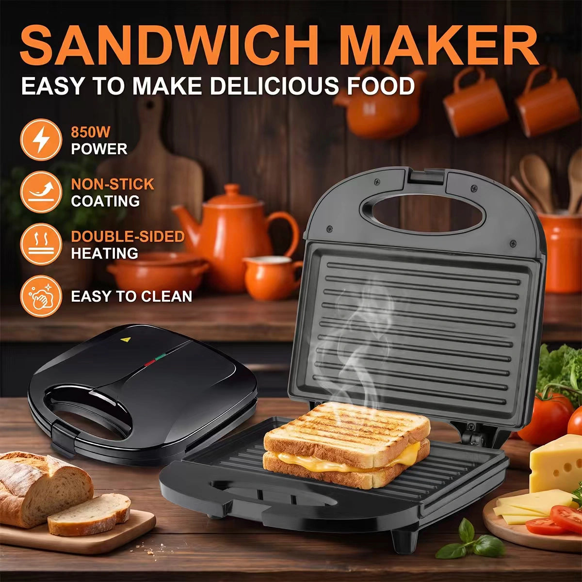 MDHAND Panini Press Grill, 850W Double-Sided Heating Sandwich Maker