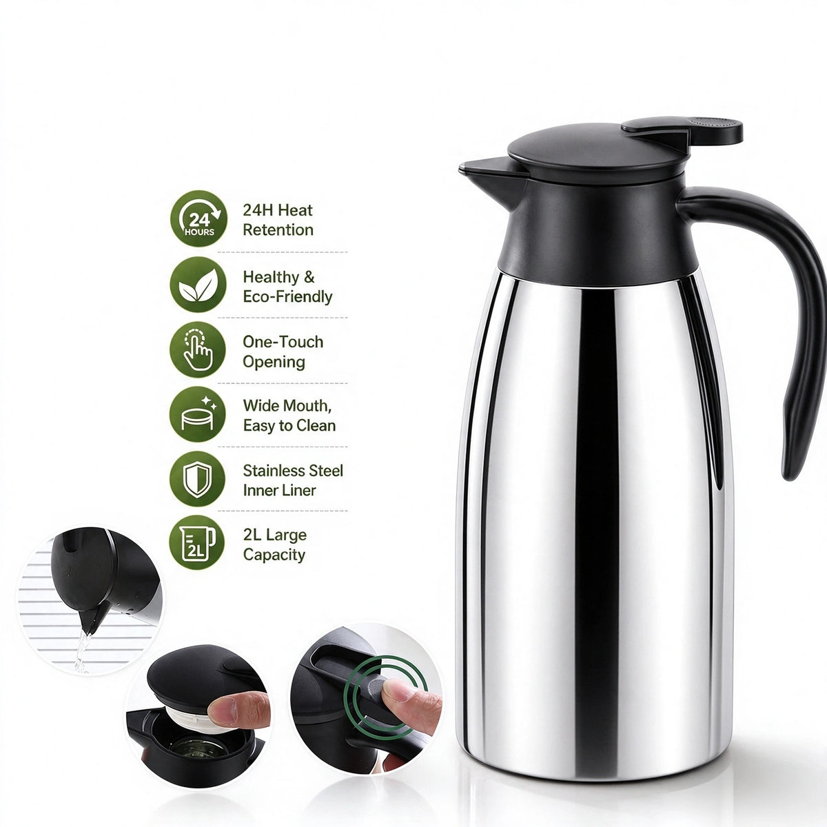 MDHAND 2.0L Stainless Steel Thermal Carafe, 304 Steel Liner with Dust-Proof Spout