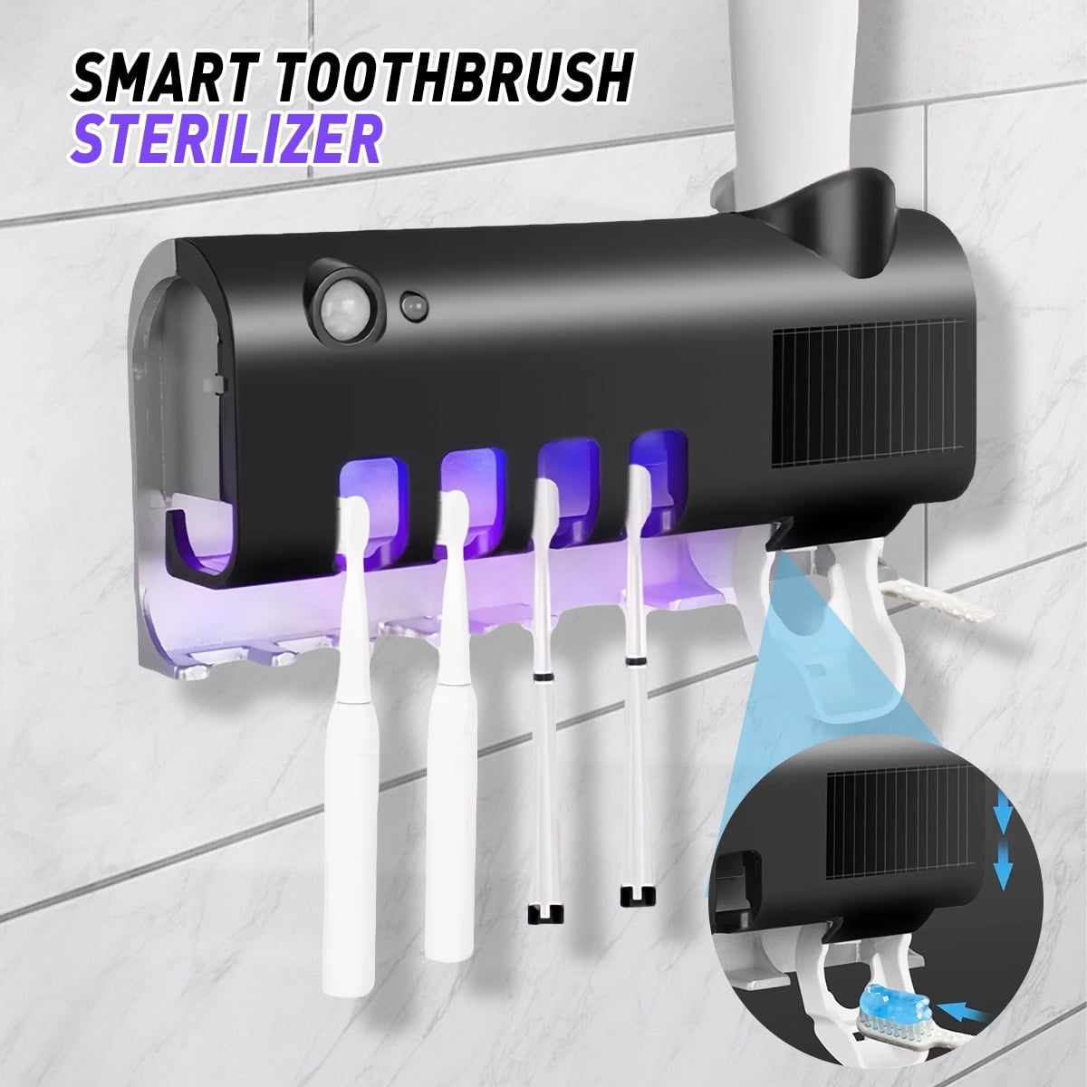 Black MDHAND toothbrush holder with UV sanitizer, wall-mounted bathroom organizer, toothpaste dispenser, and large capacity tray.