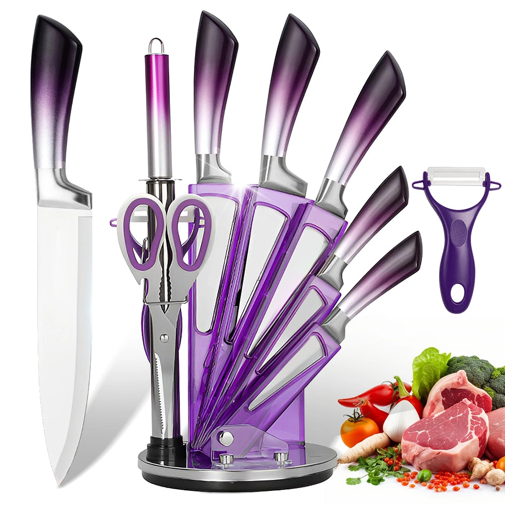 MDHAND 9-Piece Gradient Handle Knife Set, 5 Stainless Steel Knives with Block, Sharpening Rod, Scissors and Peeler
