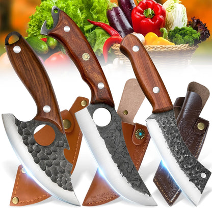 3 Piece Hand Forged Chef Knife Set, Full Tang Wood Handle Knives
