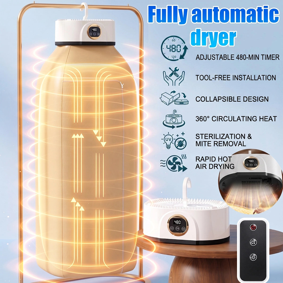MDHAND Fully Automatic Clothes Dryer, 1000W Portable Garment Dryer with Remote Control