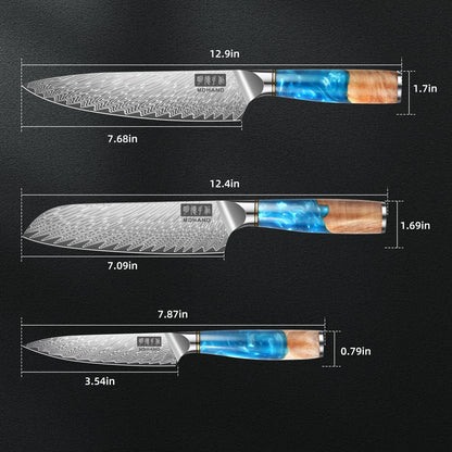 MDHAND 3PCS Kitchen Knife Set, 62 HRC 10Cr15CoMoV Steel, Resin & Wood Handle, Gift Box