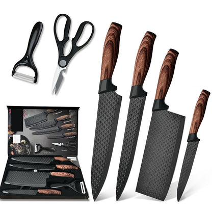 Six-piece MDHAND professional kitchen knife set with stainless steel blades, including a sharp meat and chef knife, in a gift box.