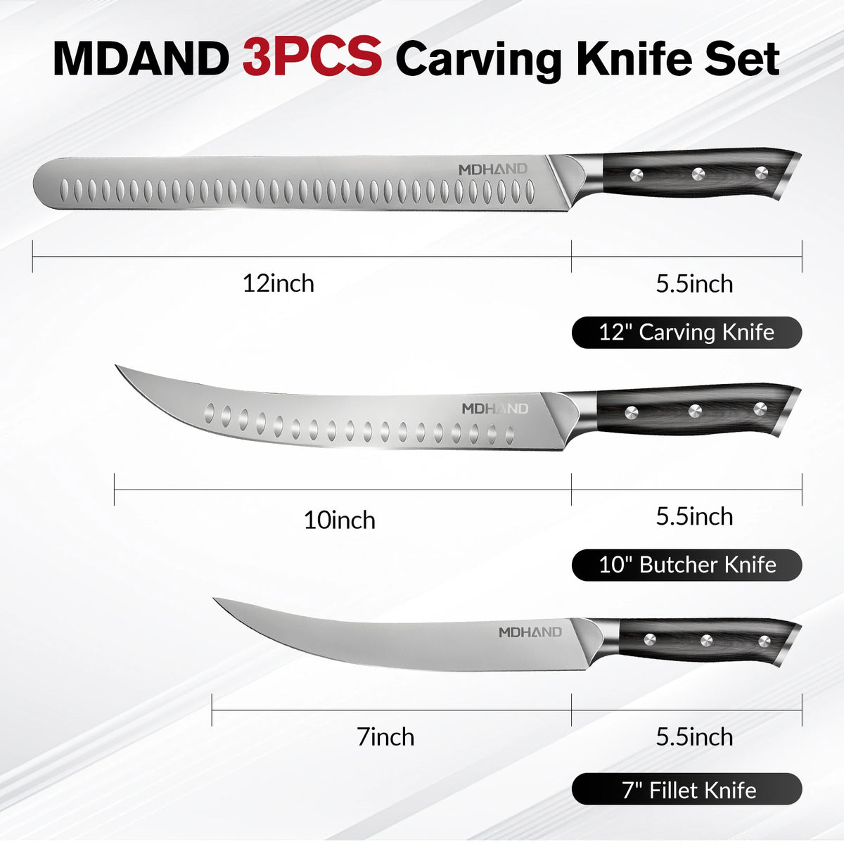 MDHAND 3-Piece Carving Knife Set, Brisket Slicer, Butcher & Boning Knife for BBQ