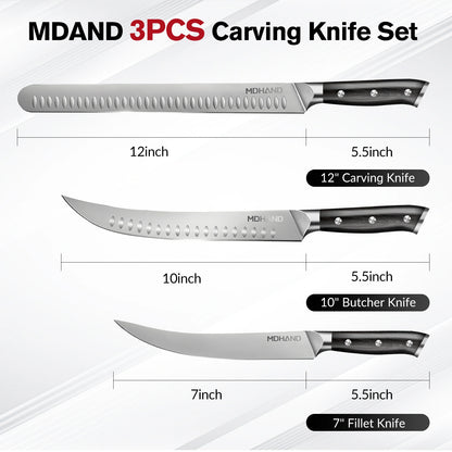 MDHAND 3-Piece Carving Knife Set, Brisket Slicer, Butcher & Boning Knife for BBQ
