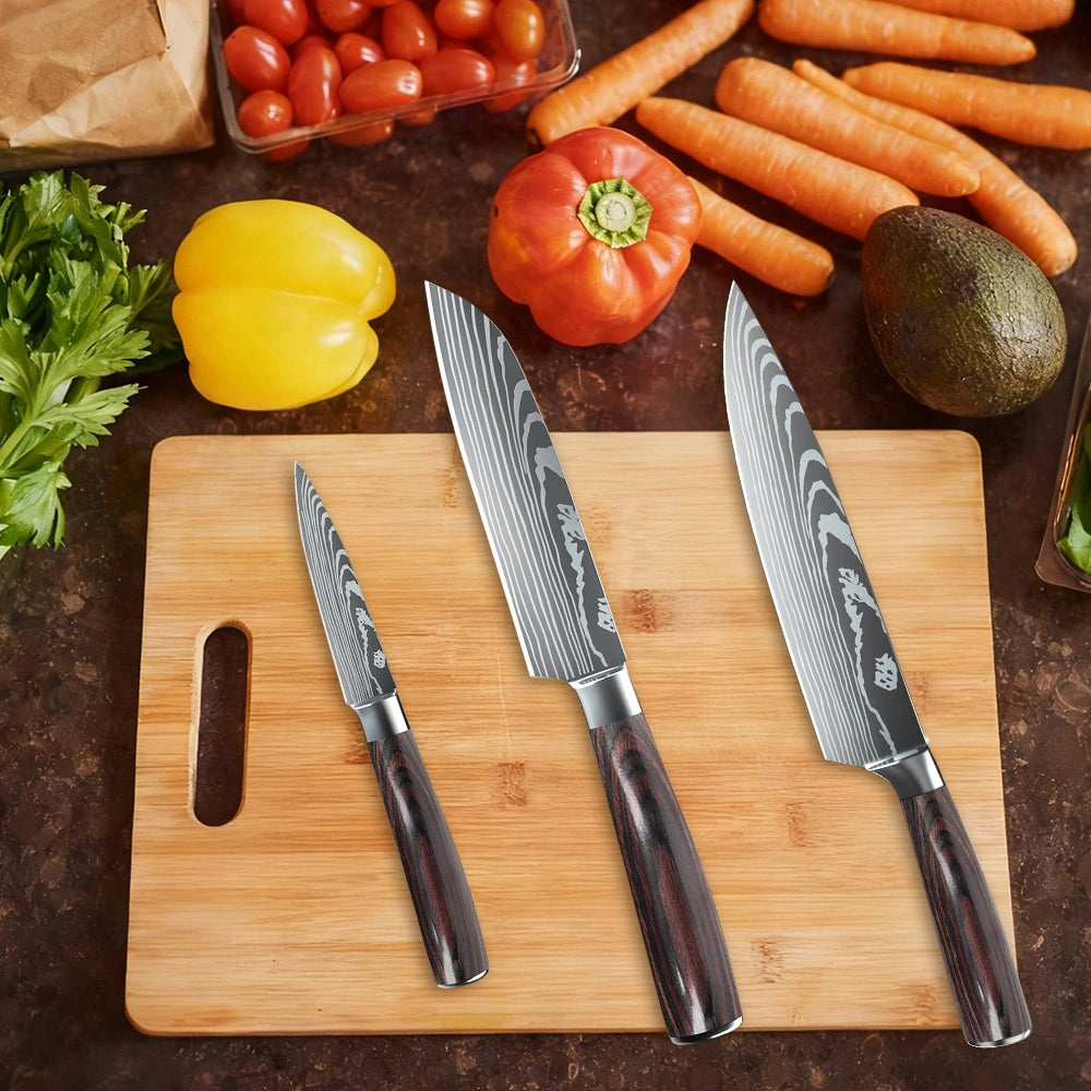 MDHAND 3-Piece Red Wood Handle Knife Set, Includes Santoku Chef Paring Knife